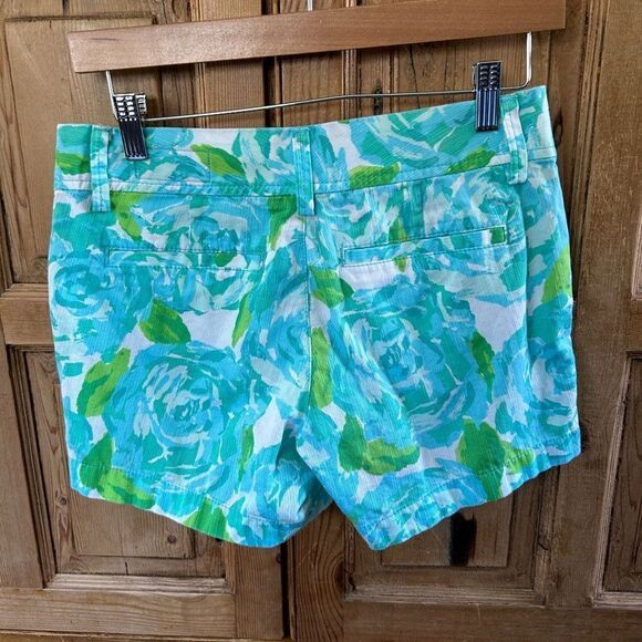 Lilly Pulitzer 0 Shorts Green Blue White Floral Pockets Zipper Mid Rise Callahan - Picture 7 of 11